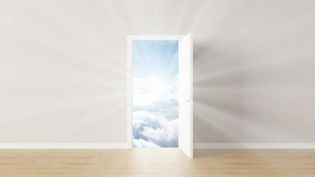 Doorway to Heaven. 4k 3D animation of a door opening and sun light shining through