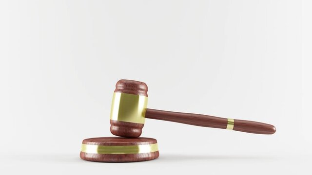 Wooden gavel and block. 4k 3D animation of a wooden gavel pounding on a block