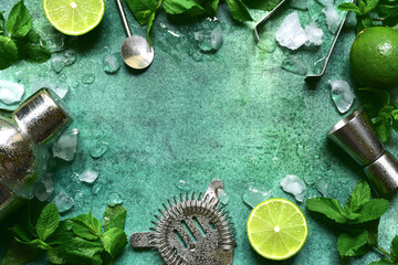Fototapeta na wymiar Ingredients and props for making summer citrus cocktail mojito. Top view with copy space.