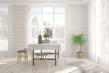 White dinner room with winter landscape in window. Scandinavian interior design. 3D illustration