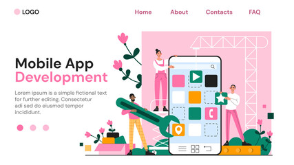 Fototapeta premium Web page template for Mobile app development by a team of coders or programmers working on a smartphone screen with copyspace for text, colored vector illustration