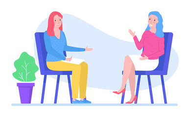 Woman character psychologist support female with problem, psychotherapy help to people isolated on white, flat vector illustration. Professional counselor assistance mind recovery.