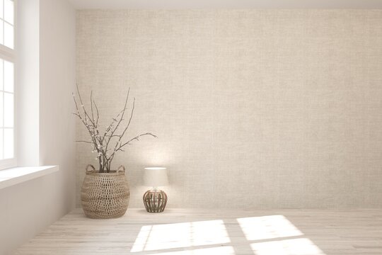 White empty room. Scandinavian interior design. 3D illustration