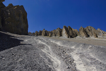 Trail to Tilicho Base Camp through dangerous land slide zone. Side trek of Annapurna circuit.