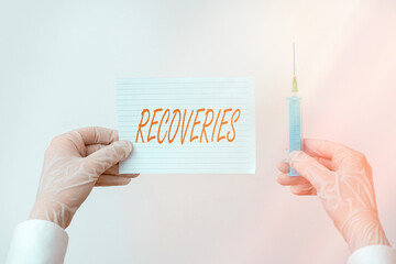 Word writing text Recoveries. Business photo showcasing process of regaining possession or control...