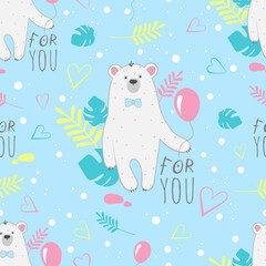 Seamless vector children's pattern with bears and balloons