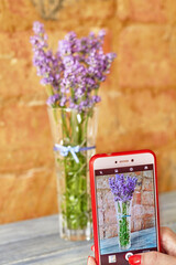 Girl photographs a bouquet of lavender in a vase on a smartphone. Focus on the smartphone screen. Brick background