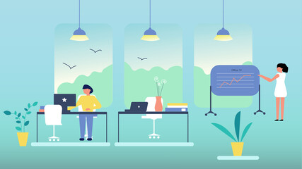 Modern office with open space and people illustration, flat design
