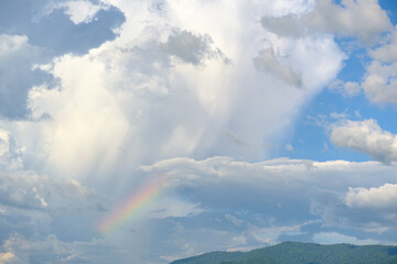 The white clouds and rainbow have a strange shape and moutain.The sky and the open space have mountains below.Clouds floating above the mountains.