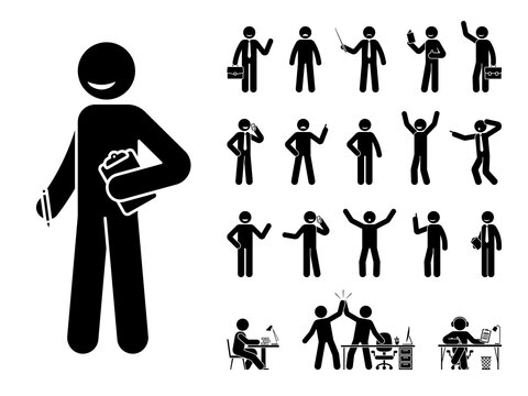 Stick figure business man standing in different poses design vector icon set. Happy, sad, surprised, amazed, angry face. Sitting, celebrating, writing stickman male person on white