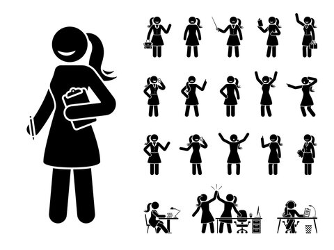 Stick figure business woman standing in different poses design vector icon set. Happy, sad, surprised, amazed, angry face. Sitting, celebrating, writing stickman female person on white