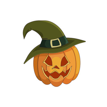 Jack O Lantern in a green whitch hat on white isolated background, vector stock illustration in Cartoon style, concept of Halloween, Symbols, October and Fall, Festival and Holiday, Trick or Treat.