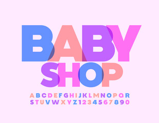 Vector cute banner Baby Shop with Colorful trendy Font. Bright modern Alphabet Letters and Numbers
