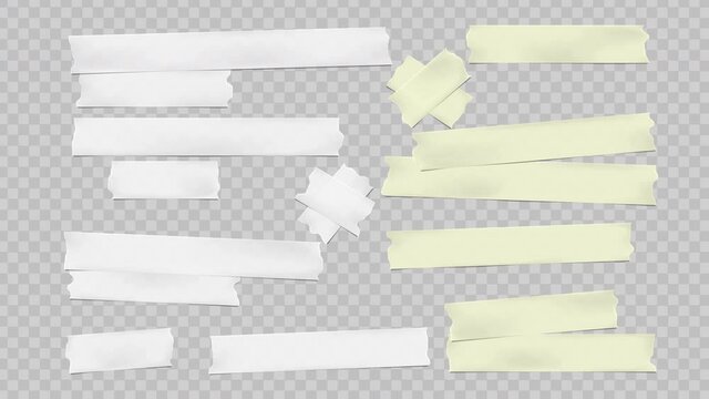 Animation of white and yellow different size adhesive, sticky, masking, duct tape, paper pieces are on squared grey background
