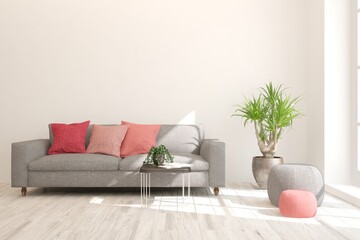 White modern room with sofa and coral pillows. Scandinavian interior design. 3D illustration