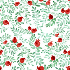 seamless pattern with watercolor leaves and pomegranate fruits. abstract botanical pattern in vintage style, provence. design for fabric, textile, wallpaper, wrapping paper