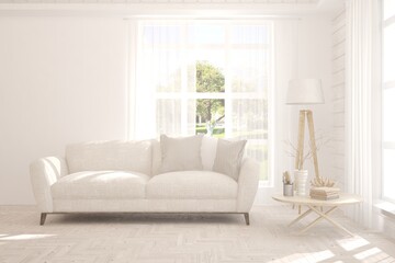 Idea of white minimalist room with sofa. Scandinavian interior design. 3D illustration
