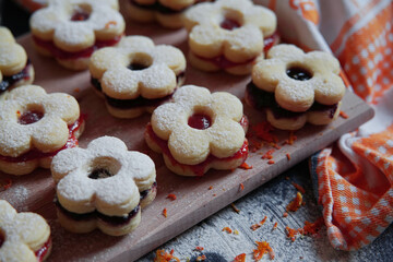 Homemade cookies with apricot jam and sugar.