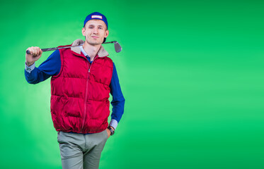 A guy playing golf in sportswear is in a relaxed position, a rectangular image with the ability to add text