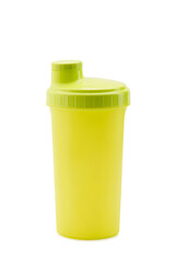 Yellow plastic shaker isolated on white background