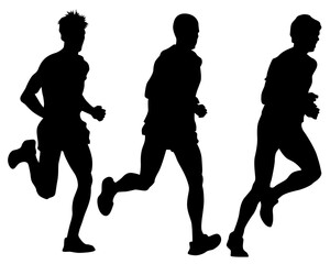 Young athletes run a marathon. Isolated silhouettes on white background