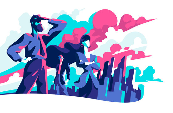 Uomini d'affari che guardano verso il futuro e nuove opportunit&agrave; di business