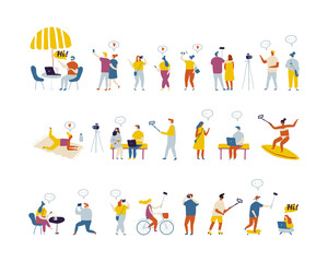 Bundle of flat characters isolated on white background. People bloggers creating content and posting it on social media. Blogging and vlogging set. Flat vector illustration.