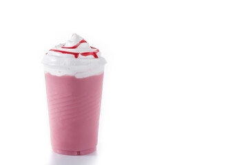 Strawberry iced milkshake isolated on white background.Copy space