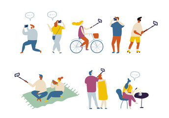 Bundle of flat characters isolated on white background. People bloggers creating content and posting it on social media. Blogging and vlogging set. Flat vector illustration.