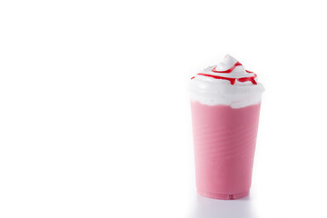 Strawberry iced milkshake isolated on white background.Copy space
