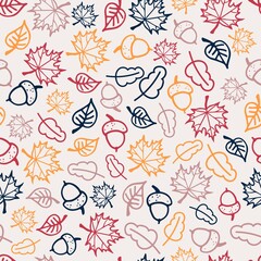 Seamless pattern with acorns and autumn leaves. Fall Nature Background for Textile, Wallpaper, Wrapping, scrapbooking. Hand drawn vector illustration. Autumn and thanksgiving season, flat design