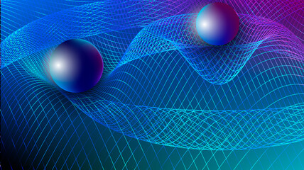 Gravity, gravitational waves concept. Physical and technology background. Design with gravity grid and spheres.