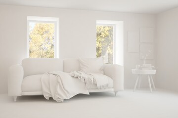 Fototapeta na wymiar White room with sofa and autumn landscape in window. Scandinavian interior design. 3D illustration