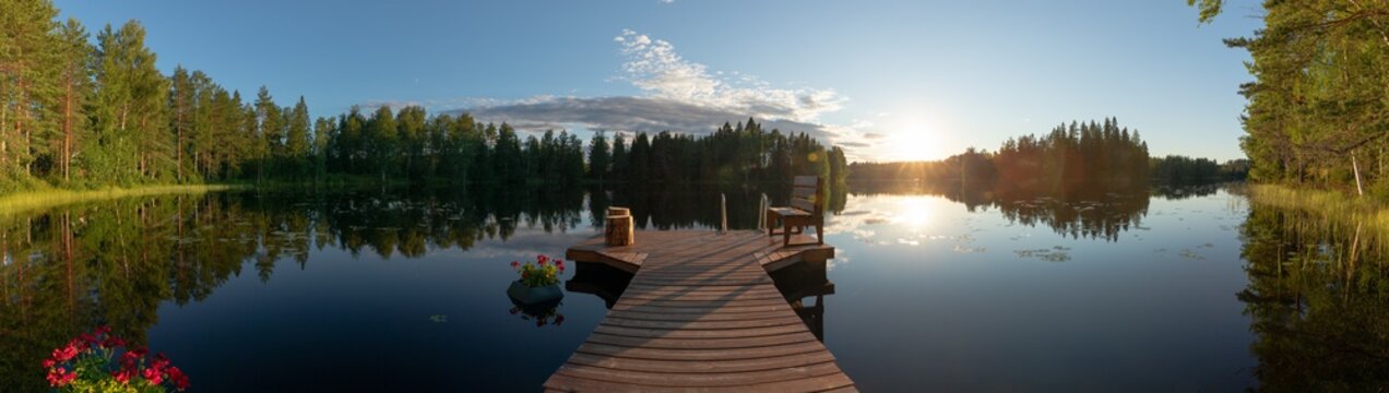 Sun is setting on Finnish lake (panorama)