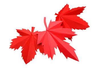 Assorted of three red origami paper leaves in autumn