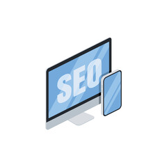 SEO computer and mobile screen. Vector 3d isometric, color web icons set, new flat style. Creative illustration, idea for infographics.