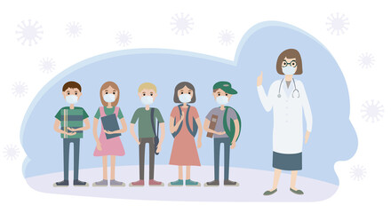 Naklejka premium A medical professional, a woman doctor tells teenage children how to protect themselves from infections and viruses during a pandemic.