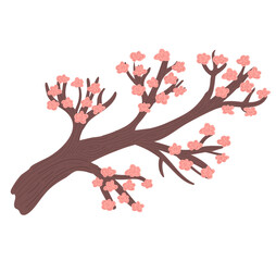 Decorative pink sakura tree concept, oriental cherry blossom, asian style wooden isolated on white, cartoon vector illustration. Design outdoor japanese forest, woodland branch sapling.