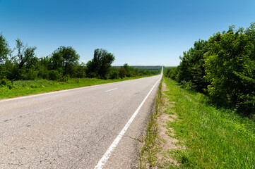 Fototapeta na wymiar Country asphalt road in summer with green grass and trees on the roadsides against the blue sky. Sunny day background for transportation and transportation logistics companies