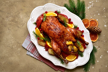 Baked christmas goose stuffed with apples. Top view with copy space.