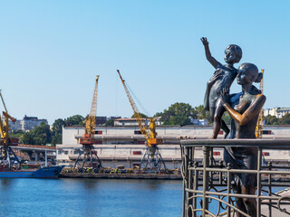 Odessa, Ukraine - August 15, 2016: Container cranes in cargo port terminal, cargo cranes without...