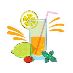 Vector image of a glass of lemonade with ingredients. A simple hand-drawn sketch isolated on a white background.