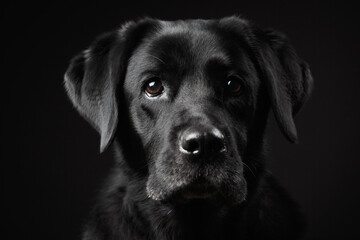 adorable old black labrador retriever dog serious head portrait in the studio against a dark...