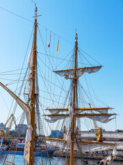 Odessa, Ukraine August 15, 2016: Training barquentine Italian Navy "Palinuro" moored at the pier of the Odessa Sea Commercial Port in Odessa, August 15, 2016.