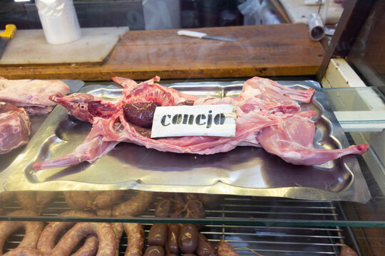 rabbit at a butchers ahop mith the spanish word for rabbit, Conejo