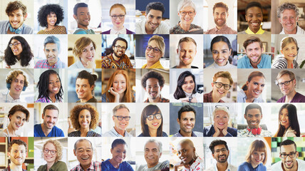 Portrait smiling diverse community video conferencing on screen