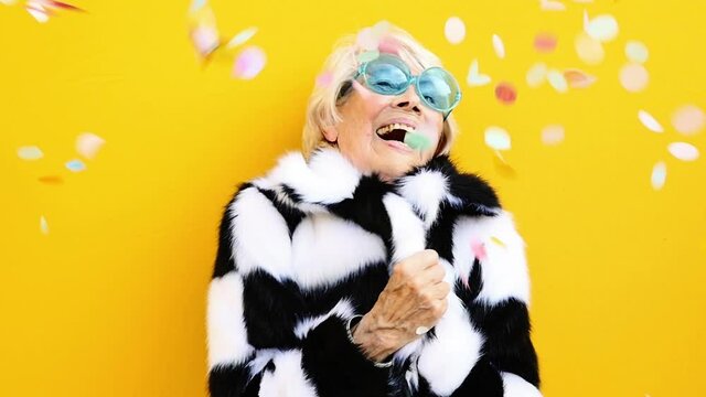 Funny grandmother lifestyle moments on colored background
