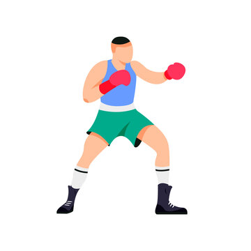 Boxing training man isolated vector illustration. Man with boxing gloves standing in a pose. 
