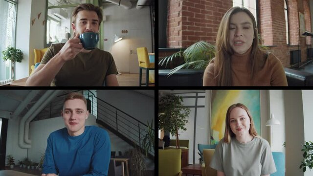 Laptop webcam screen multicam view multiethnic young friends videoconference. friends making video chat call enjoy communication, video conference multinational remote language studying