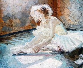 A curly haired ballerina sits on the floor and tying pointe shoes under the bright day light. Oil painting